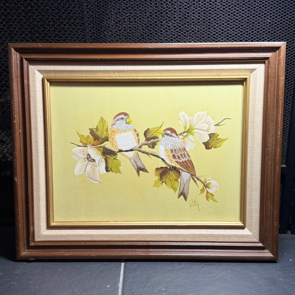 Vintage Signed Patty Bird Oil Painting Framed OG MCM Art Nature Songbirds 15x12